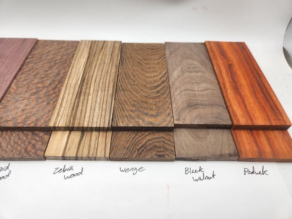 Knife Scale Sampler Set 6 Natural Woods Padauk Purpleheart Walnut Wenge Zebrawood