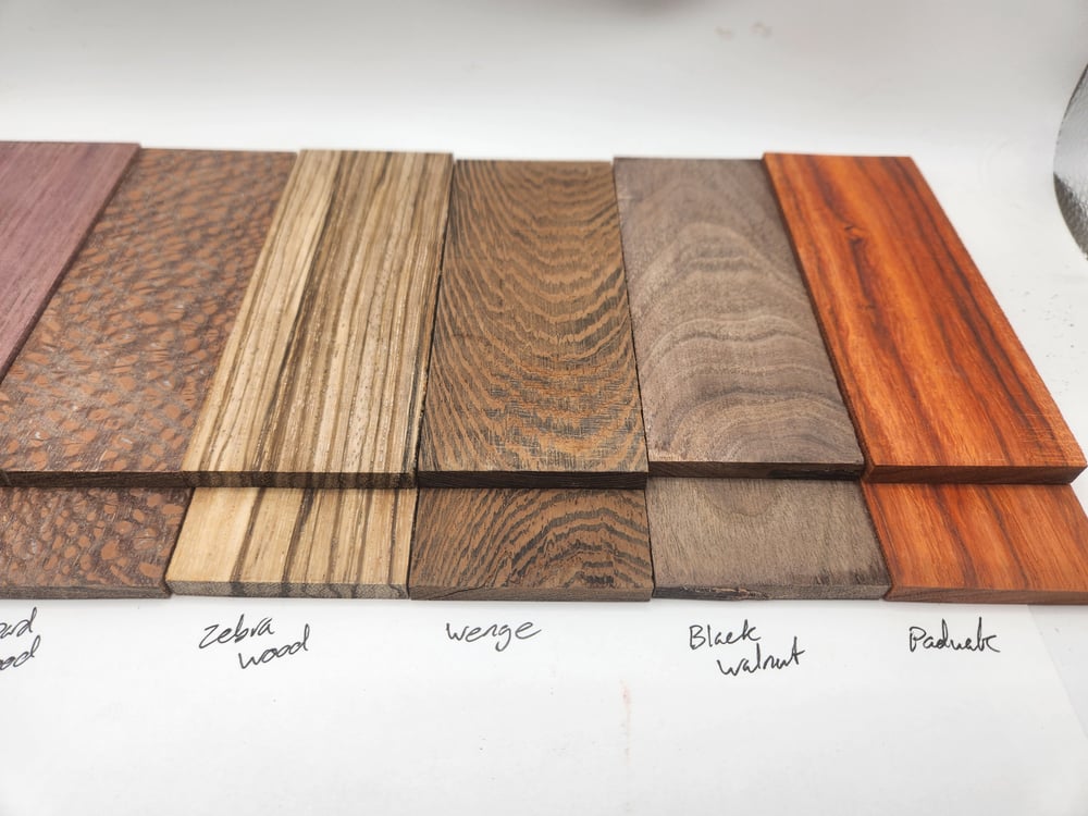 Knife Scale Sampler Set 6 Natural Woods Padauk Purpleheart Walnut Wenge Zebrawood