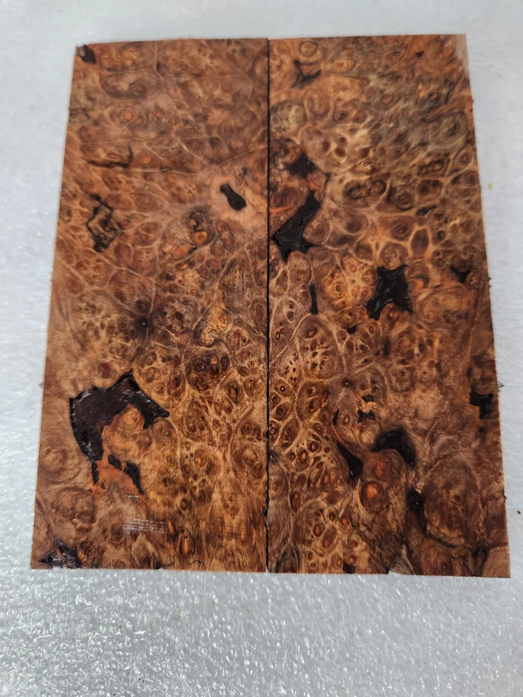 Rare Bookmatched Stabilized Maple Burl Knife Handle Set (5x2x0.25)