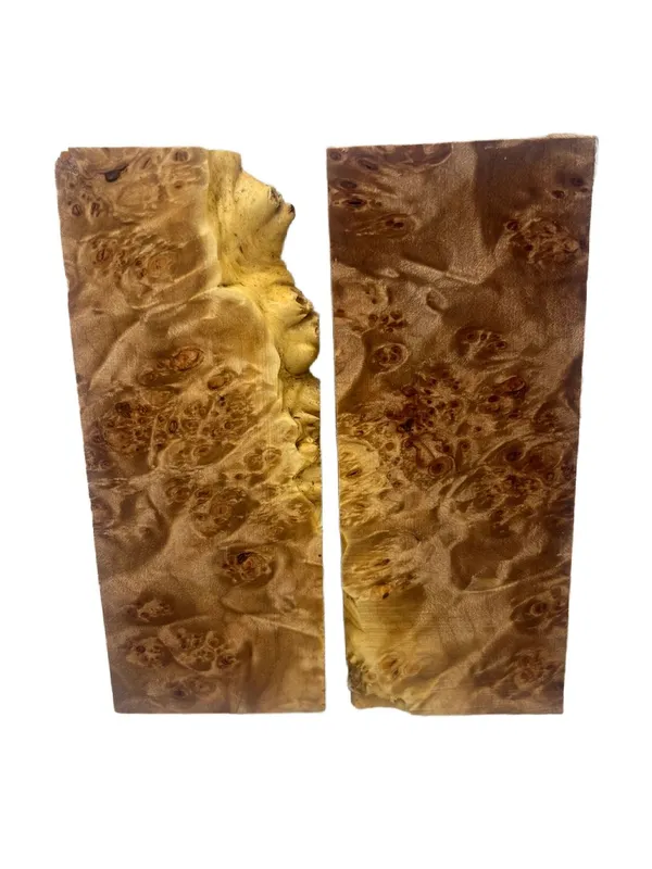 Rare Bookmatched Stabilized Maple Burl Knife Handle Set (5x2x0.375) — photo 2