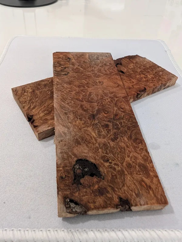 Rare Bookmatched Stabilized Maple Burl Knife Handle Set (5x2x0.25) — photo 3