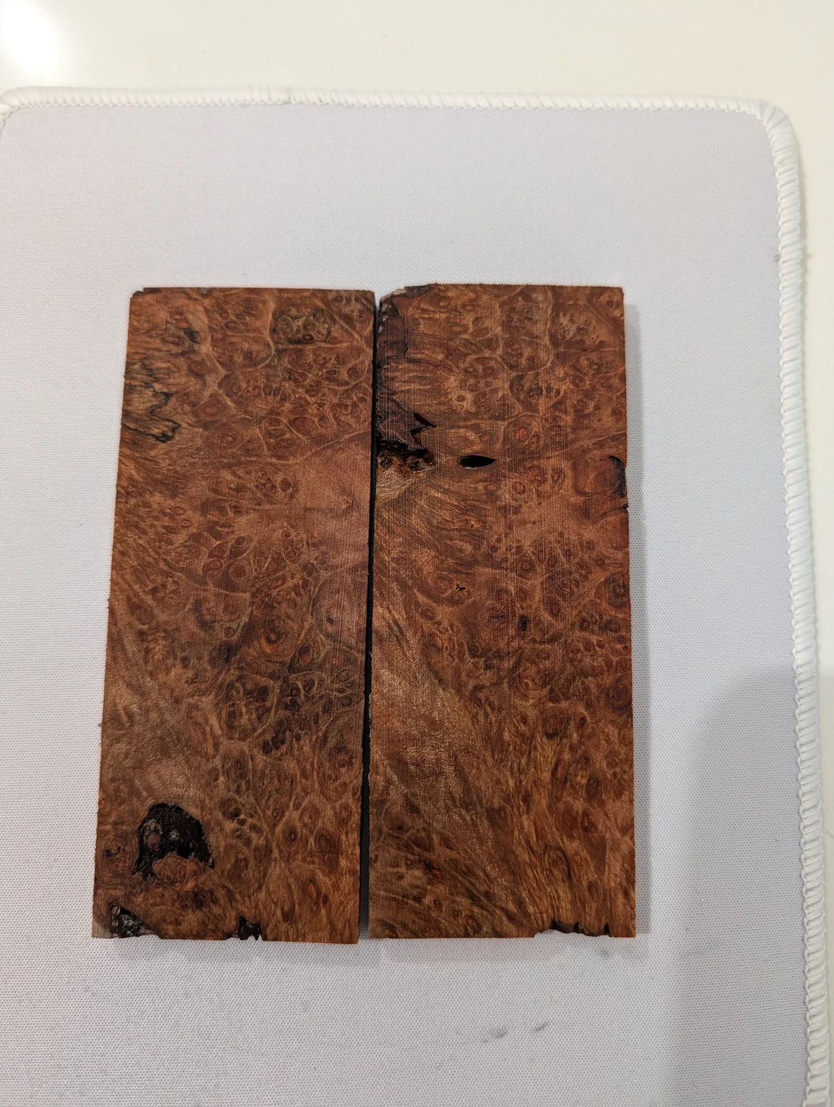 Rare Bookmatched Stabilized Maple Burl Knife Handle Set (5x2x0.25)